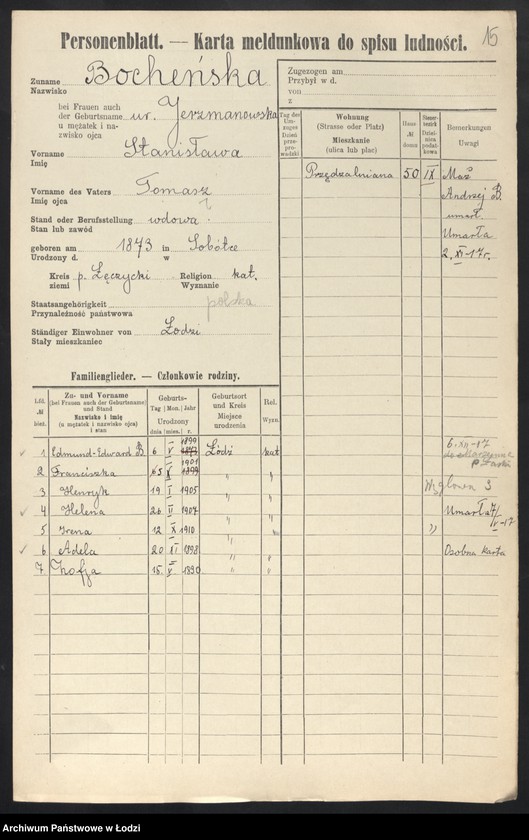 Obraz 17 z jednostki "[Spis ludności Łodzi] Bochenkiewicz - Bogdanow"