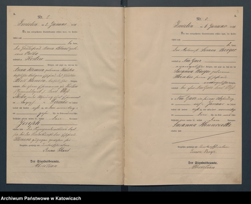 Obraz z jednostki "Geburts-Haupt-Register des Königlich Preussichen Standesamts Imielin im Kreise Pless pro 1884"