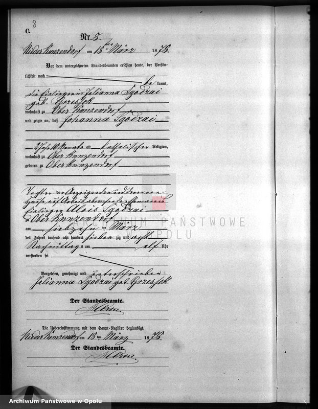 Obraz 12 z jednostki "Sterbe-Neben-Register Standesamts Kunzendorf pro 1878"
