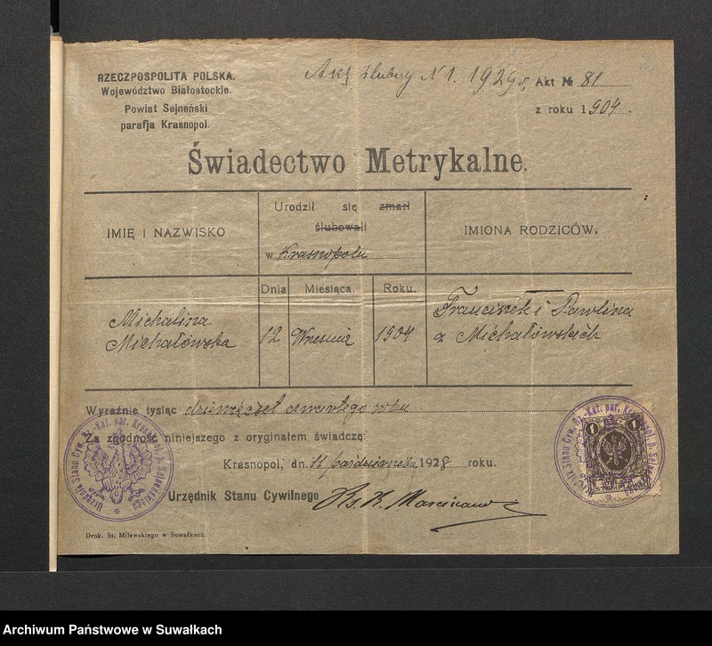 image.from.unit.number "Aneksy dp aktów zaślubionych rz.kat. parafji Puńsk (pow. Suwalskiego) za rok 1929"
