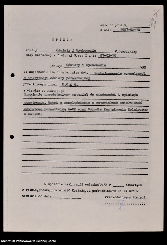 image.from.unit.number "Protokóły z posiedzeń Komisji Oświaty i Wychowania Wojewódzkiej Rady Narodowej w Zielonej Górze; Nr 2 - 5 "
