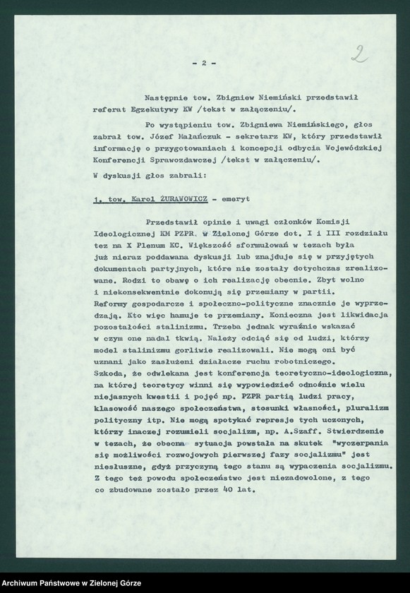 Obraz z jednostki "Protokół z IX plenarnego posiedzenia KW nt. Określenie zadań wojewódzkiej organizacji partyjnej w aktualnych warunkach politycznych i gospodarczych kraju, Zatwierdzenie materiałów na Wojewódzką Konferencję Sprawozdawczą. Załączniki. 11 stycznia 1989"