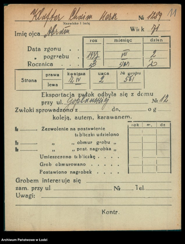 Obraz 12 z jednostki "Kartoteka osób pochowanych na cmentarzu żydowskim przy ulicy Brackiej w latach 1892-1959. Nazwiska na litery: Kl-Kn"