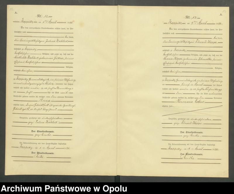 Obraz 9 z jednostki "Geburts-Neben-Register Standesamts Koppitz pro 1896"