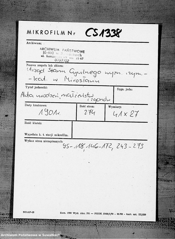 image.from.unit.number "Duplikat Rodivšichsja Brakosočetavšichsja i Umeršich Miroslavskago Rimsko- Katoličeskago prichoda Sejnskago Dekanata na 1901 god"