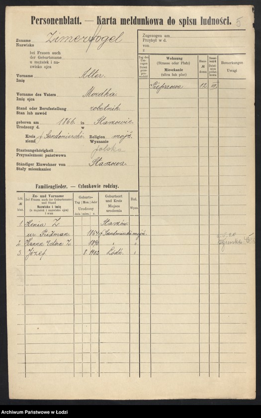 Obraz 7 z jednostki "[Spis ludności Łodzi] Cymera - Cynkier"