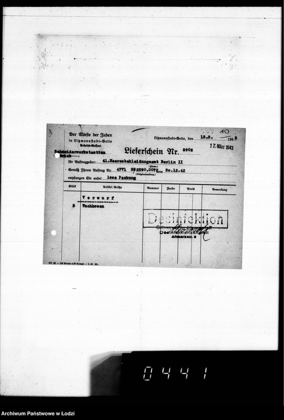 image.from.unit.number "[Dowody dostawy umundurowania dla] Heeresbekleidungsamt Berlin II"