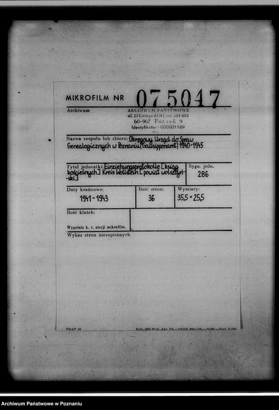 Obraz 2 z jednostki "Einziehungsprotokolle [ksiąg kościelnych] Kreis Wollstein [powiat wolsztyński]"