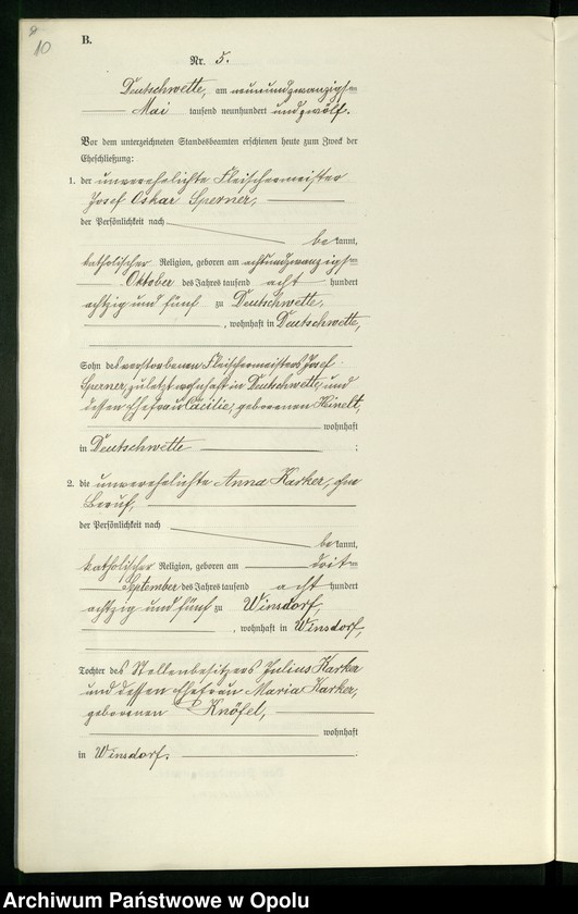 Obraz 14 z jednostki "Heirats-Register (Neben-Register) Standesamt Deutschwette 1912"