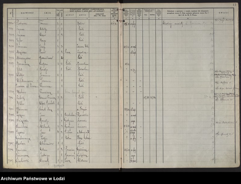 Obraz 16 z jednostki "Księga kontroli ruchu ludności (rejestr osób przybywających do gminy) Łódź, komisariat XI, ks. III, nr 7148-9187"