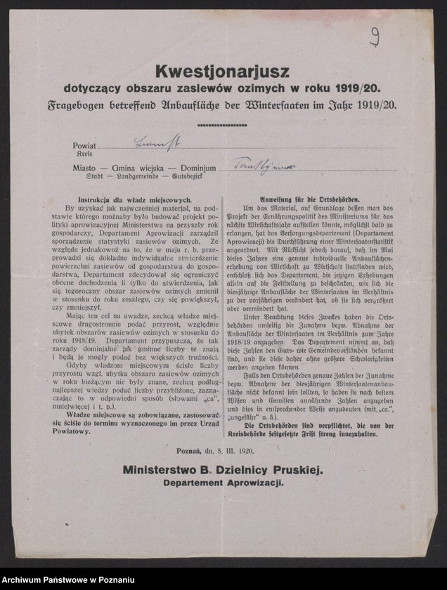 Obraz 11 z jednostki "[Kwestionariusz dotyczący zasiewów ozimych w roku 1919/1920 w powiecie babimojskim]"