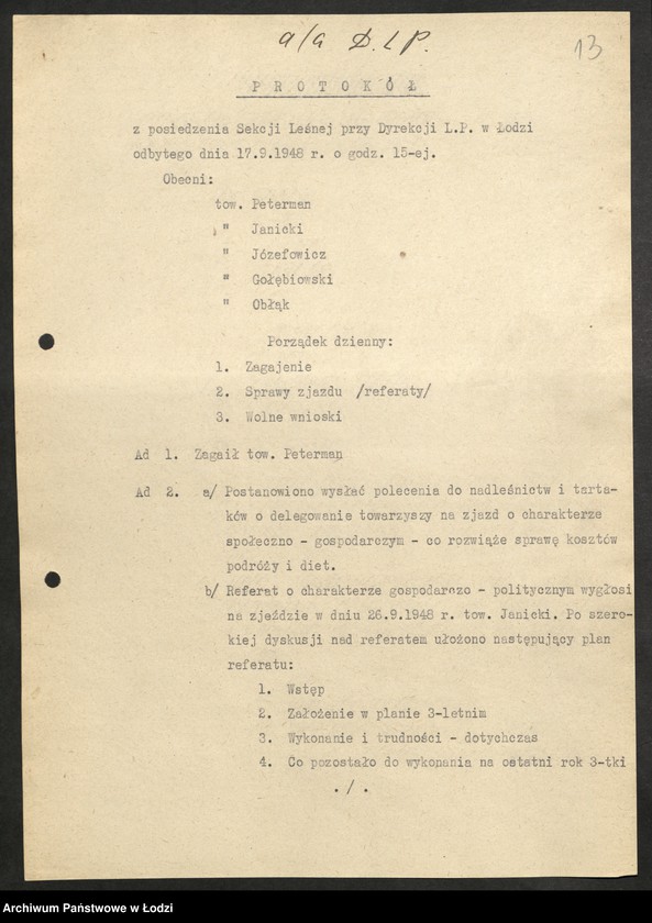 Obraz 14 z jednostki "[Protokoły, informacje, referat z posiedzeń sekcji leśnej, egzekutywy PPR, zjazdu aktywu leśnego przy Dyrekcji Lasów Państwowych, sekcji leśnych przy Wydziale Rolnym KW i komitetach powiatowych]"