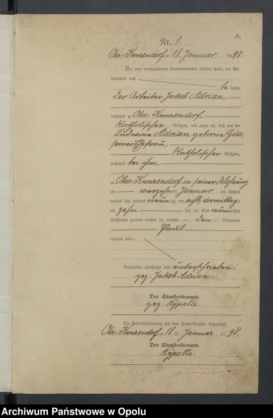 Obraz 5 z jednostki "Geburts-Neben-Register Standesamts Kunzendorf pro 1898"