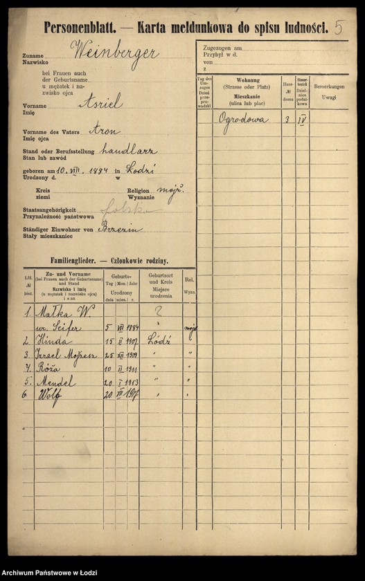Obraz 7 z jednostki "[Spis ludności Łodzi] Wajnberger - Wajnger"
