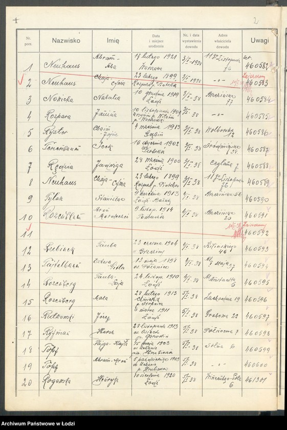 Obraz 4 z jednostki "Ewidencja dowodów osobistych wydanych przez Zarząd Miejski w Łodzi, zespół nr 6 [- nazwiska na litery N, O, R, T]"