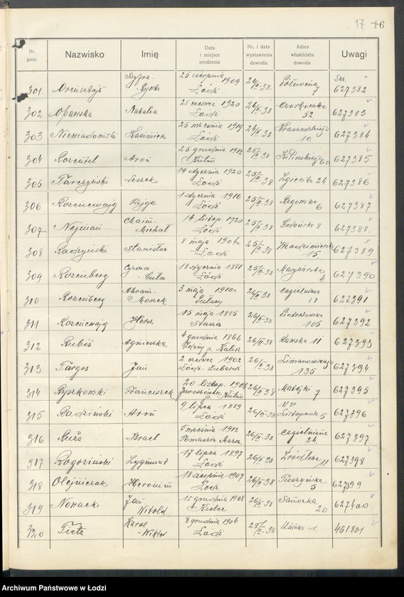Obraz 19 z jednostki "Ewidencja dowodów osobistych wydanych przez Zarząd Miejski w Łodzi, zespół nr 6 [- nazwiska na litery N, O, R, T]"