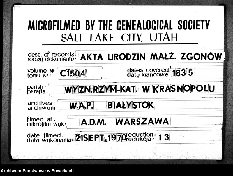 image.from.unit.number "Księga Duplikat Parafii Krasnopolskiey z Roku 1835. Osób Narodzonych, Zaślubionych i Zeszłych."