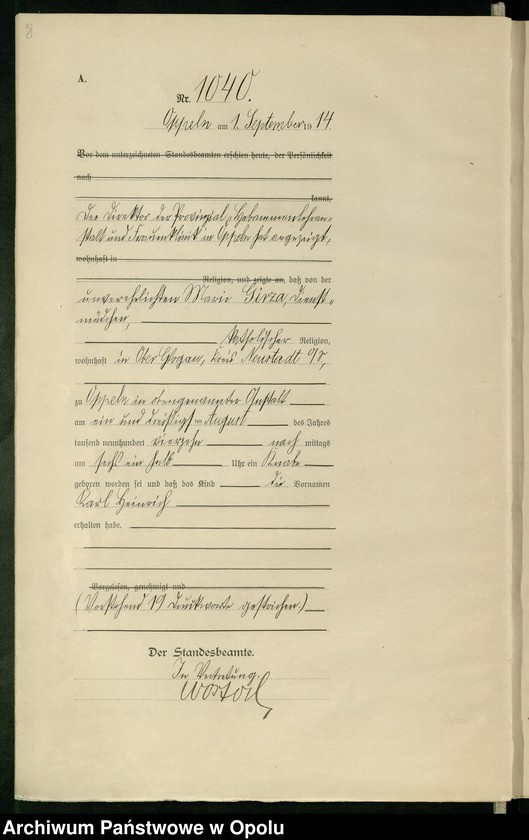 Obraz 12 z jednostki "Urząd Stanu Cywilnego Opole Księga Urodzeń Rok 1914 1034-1493"