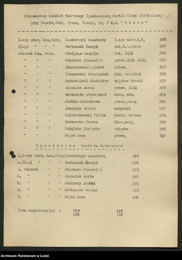Obraz 11 z jednostki "Proponowane składy komitetów zakładowych [przed zjednoczeniem PPR i PPS]"