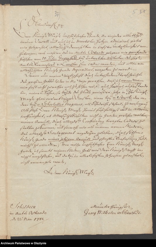 image.from.unit.number "In S. [Sachen] George Wilhelm von Schierstaedt auff Schildeck [Szyldak] wegen des Güttchens Gugenfeldt [Smolonek]"