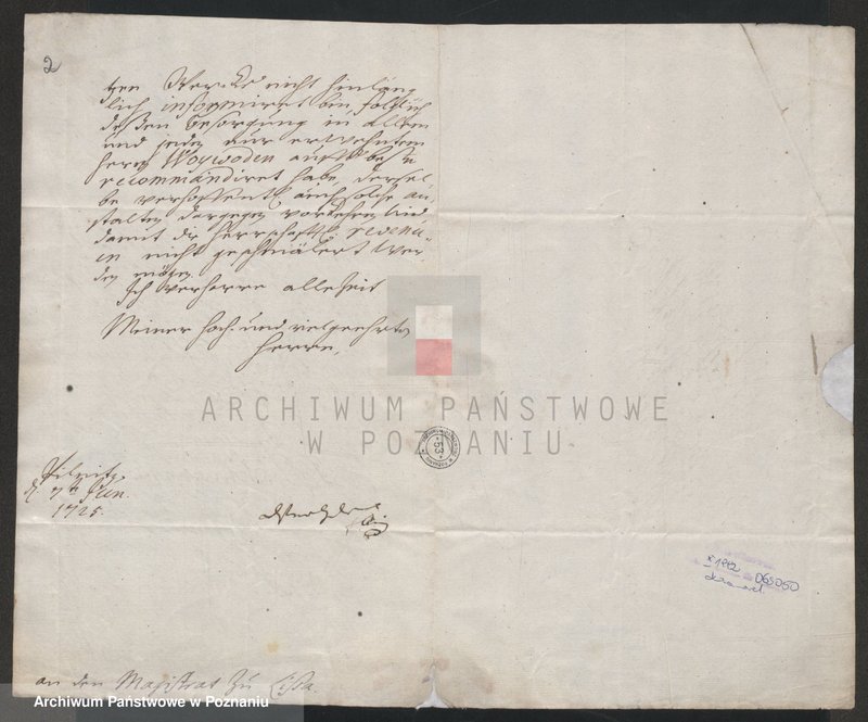 Obraz 2 z jednostki "Rekomendacja Flemminga dla Salitin’a von Kalisch w sprawach informacji. Schreiben Flemmings betr. Die Empfehlung des Salitins von Kalisch für Informationen; język niemiecki"