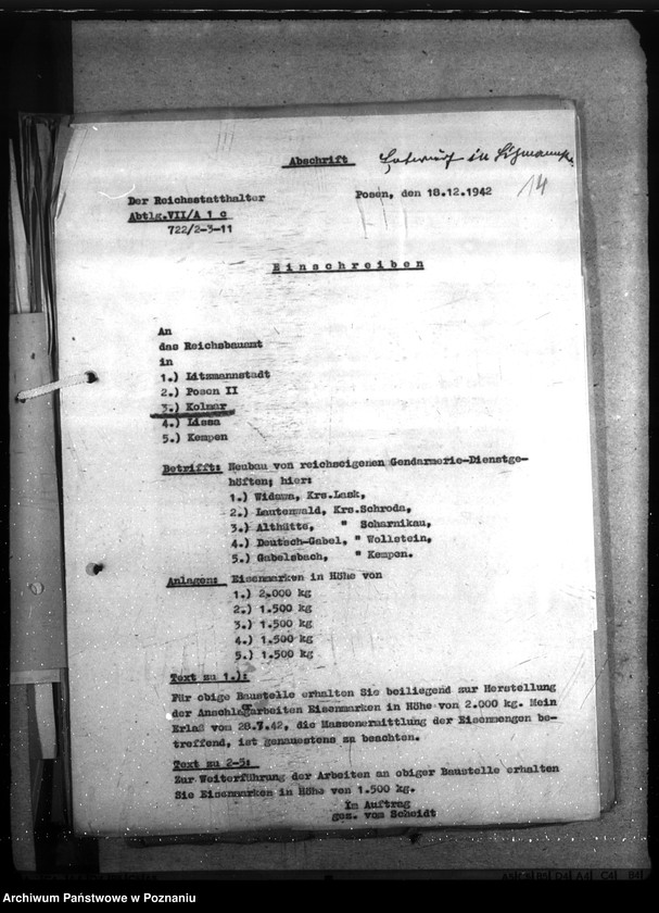 Obraz 18 z jednostki "Althütte- Kreis Scharnikau, Nordwalde, Kreis Obornik, Feldhei, Kreis Obornik (budowy na rzecz policji)"