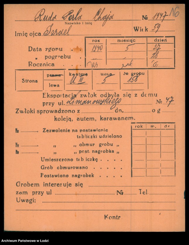 Obraz 17 z jednostki "Kartoteka osób pochowanych na cmentarzu żydowskim przy ulicy Brackiej w latach 1892-1956. Nazwiska na litery: Rubl-Rz"