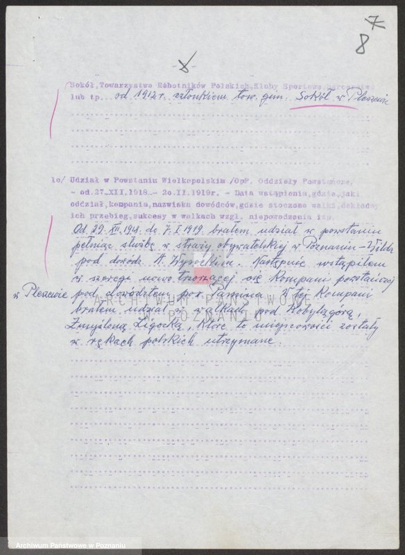 Obraz 20 z jednostki "Ankieta dla weteranów powstania wielkopolskiego zamieszkałych na terenie województwa opolskiego. Część ll."