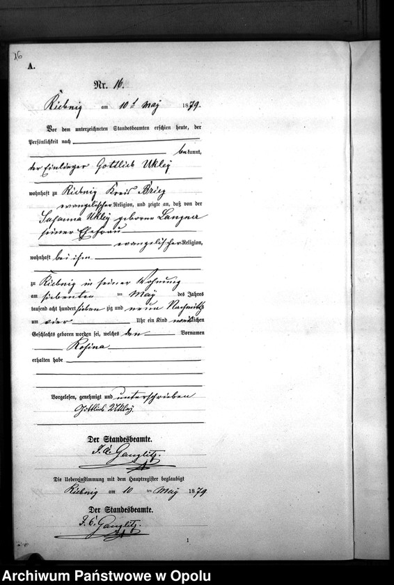 Obraz 19 z jednostki "Geburts-Neben-Register Standes-Amt Riebnig 1879"