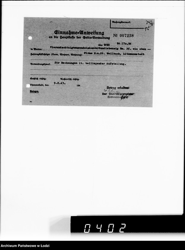 Obraz 20 z jednostki "F-ma St.Weilbach Litzmannstadt IV Warenverwertung an Lager 99"