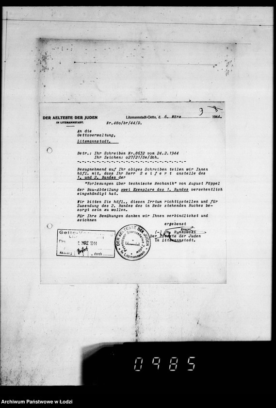 Obraz 13 z jednostki "Post an den Ältesten der Juden D.W.H.[Korespondencja dotycząca różnych prac w Getcie]"