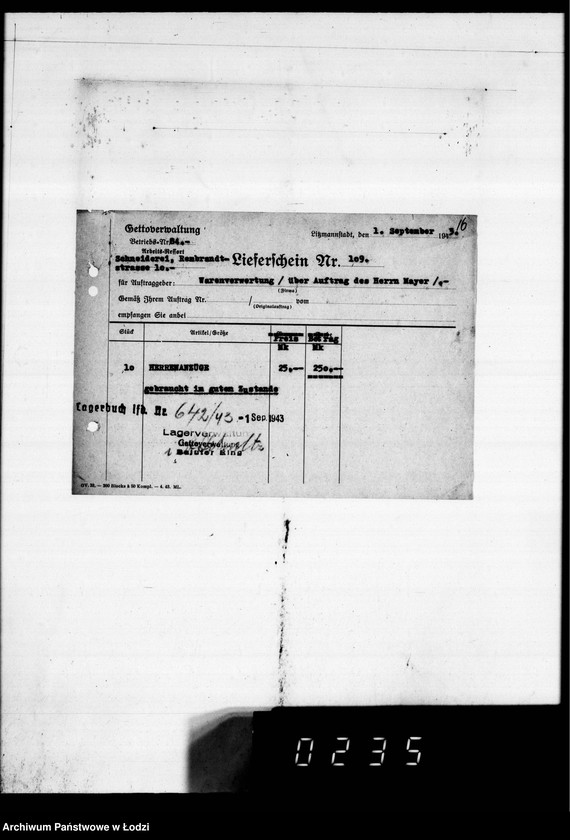 Obraz 20 z jednostki "Warenverwertung an den Ältesten der Juden 4 kompl.Gardinen [oraz konfekcji]"