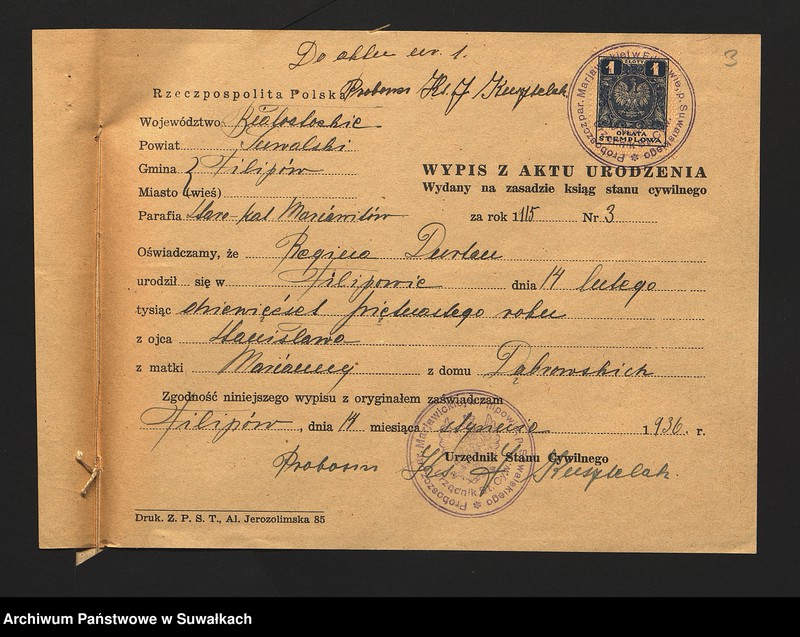 image.from.unit.number "Metryki do aktów ślubu parafii mariawickiej w Filipowie za rok 1936."
