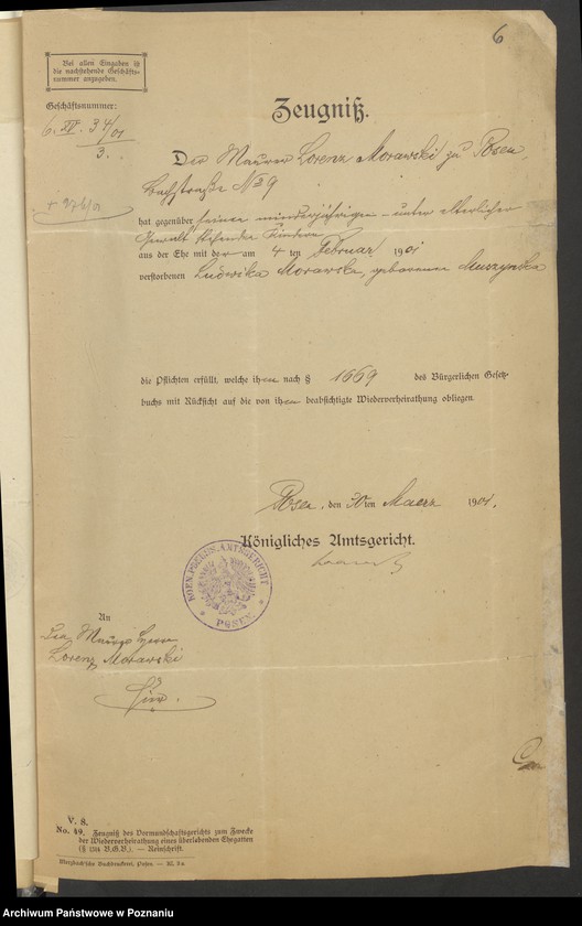 Obraz 8 z jednostki "Die von den Verlobten beigebrachten Urkunden zur Eheschliessung pro 1901. Vol VI"