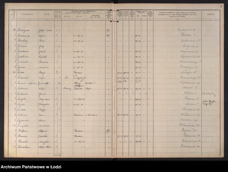 Obraz 12 z jednostki "Księga kontroli ruchu ludności (rejestr osób opuszczających gminę) Łódź, zespół III, lit. H, I, J, L, Ł"
