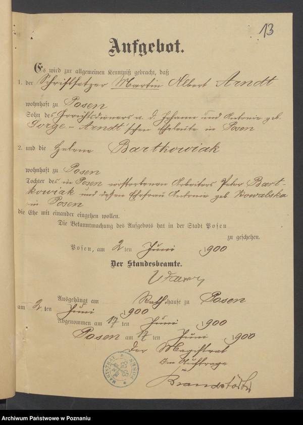 Obraz 15 z jednostki "Die von den Verlobten beigebrachten Urkunden zur Eheschliessung pro 1900"