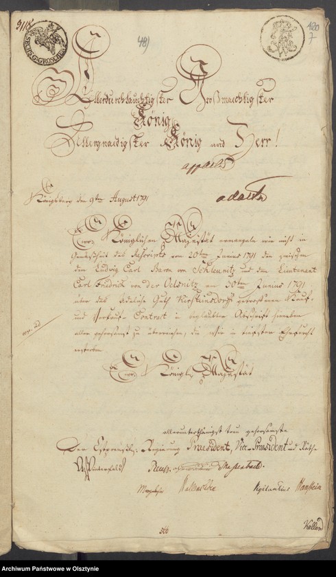 image.from.unit.number "In S. [Sachen] des v. [von] Schleinitz den Verkauf seines adelichen Guths Kirsteinsdorf [ Kiersztanowo] H. [Haupt] Amts Osterode [Ostróda] an den Lieutenant v. [von] Oelsnitz auf Plowenzin in Westpreussen"
