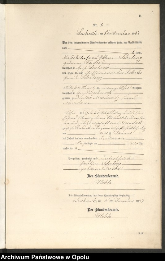 image.from.unit.number "Sterbe-Register (Neben-Register) Standesamt Leubusch 1909"