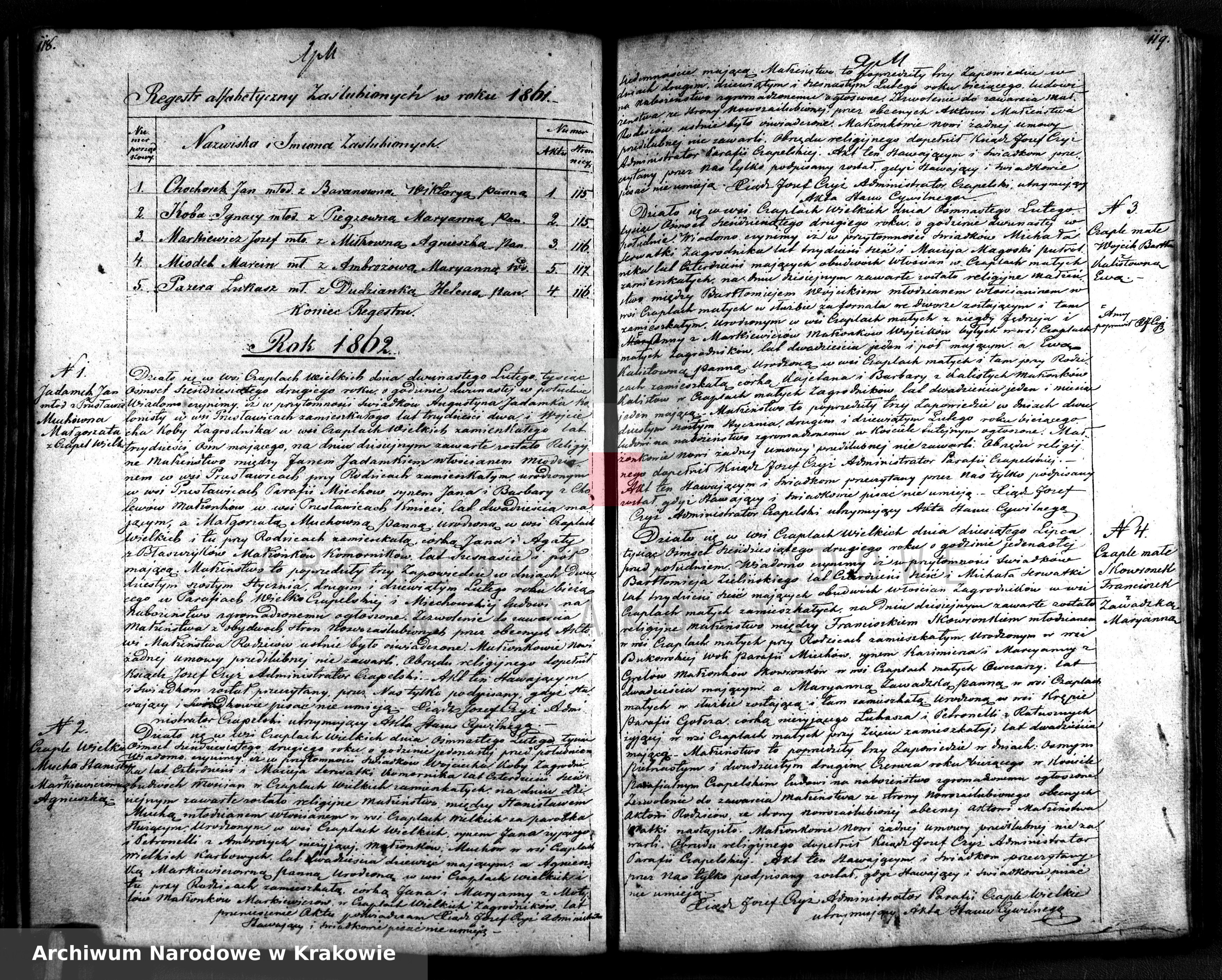 Skan z jednostki: Księga Aktów Małżeństw Parafii Czaple Wielkie od 1835 Roku do 1874.