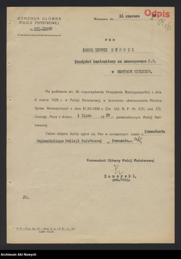 image.from.unit.number "Przydziały nowomianowanych posterunkowych Policji Państwowej w województwie poznańskim. Dekrety mianowania, wykaz, korespondencja."