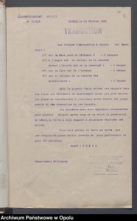 Obraz 20 z jednostki "Service du Genie-Casenement-Cantonnement  /Korespondencja i zarządzenia z zakresu rozlokowania wojska, przydziały koszar/ 4.02.- 10.09.1921"