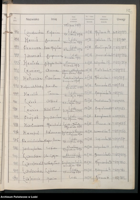 image.from.unit.number "Ewidencja dowodów osobistych wydanych przez Zarząd Miejski w Łodzi, zespół nr 3 [- nazwiska na litery Ch, H, I, J, L, Ł]"