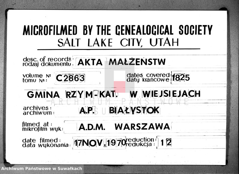 Obraz 1 z jednostki "Akta zaślubionych urzędnika stanu cywilnego gminy wieysieyskiey z 1825 roku"