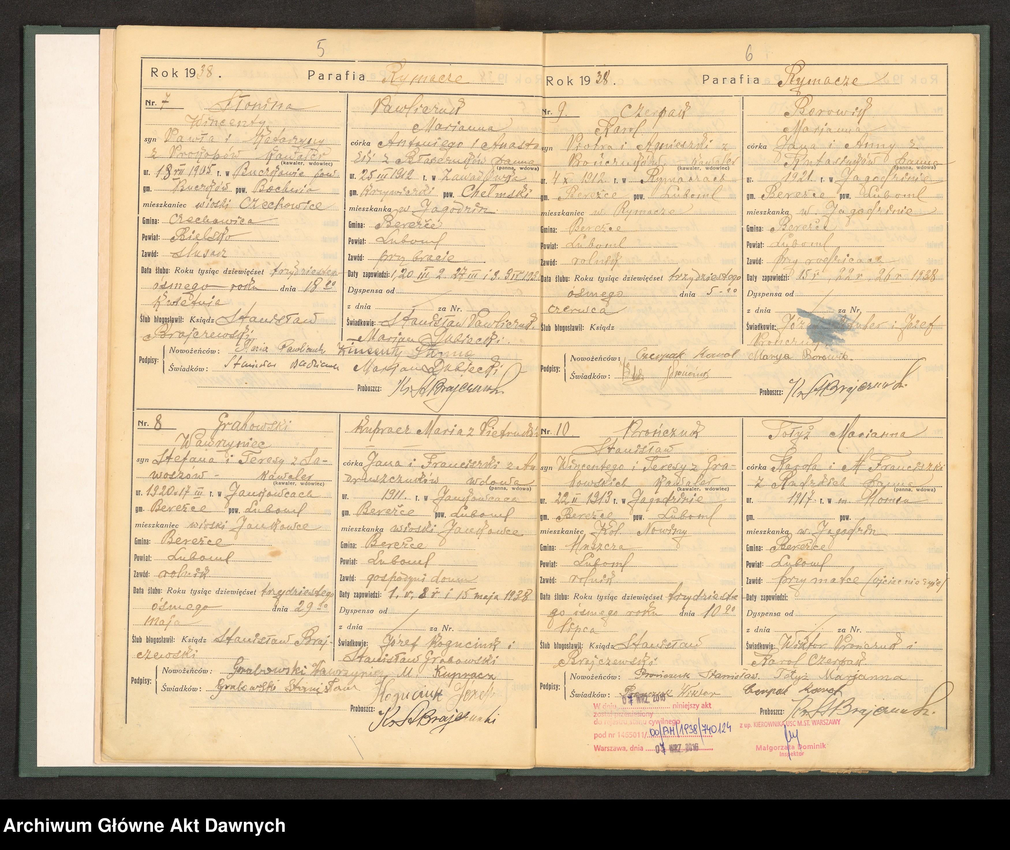 Skan z jednostki: Parafia: Rymacze. Dekanat: Luboml. Księga metrykalna ślubów