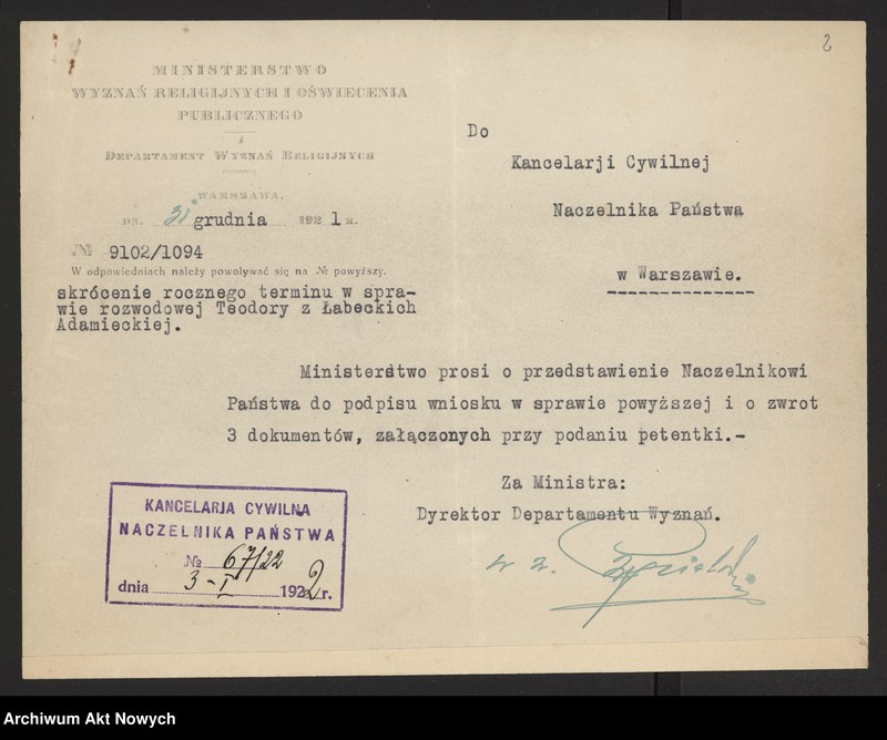 image.from.unit.number "Skrócenie rocznego terminu zapozwu w sprawach rozwodowych, rozpatrywanych przed Sądami Konsystorskimi Ewangelicko - Augsburskim i Ewangelicko - Reformowanym. Reskrypty Naczelnika Państwa, wnioski, korespondencja z Min. Wyznań Religijnych i Oświecenia Publicznego"