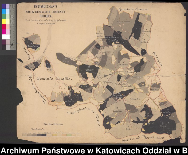 image.from.unit.number "Bestandeskarte vom Erzherzoglichen Forstrevier Porąbka. Nach dem Stande zu Anfang des Jahres 1885 [skala 1 zoll= 160 klafter]"