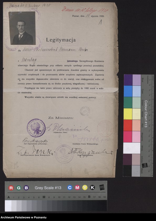 Obraz 3 z jednostki "[Egzemplarz legitymacji wydanych przez polskie władze komisarzom niemieckim dla oddania zarządu cywilnego prowincji poznańskiej]"