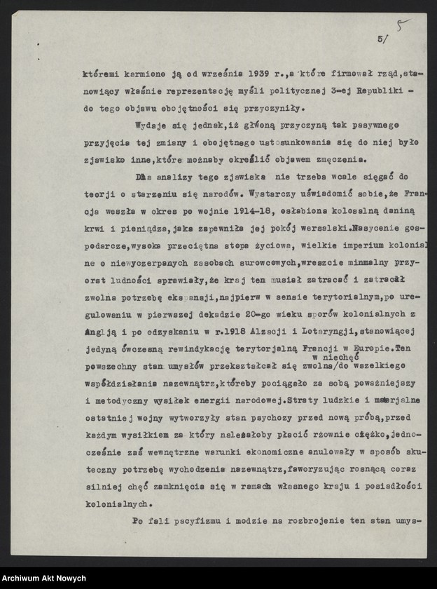 image.from.unit.number "Referat o sytuacji wewnętrznej we Francji po zawarciu zawieszenia broni z Niemcami (Autora nie ustalono, na pierwszej stronie napis - S. Elka)"