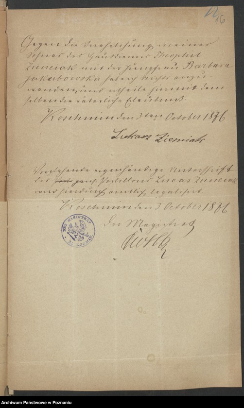 Obraz 18 z jednostki "Die von den Verlobten beigebrachten Urkunden zur Eheschliessung pro 1876"