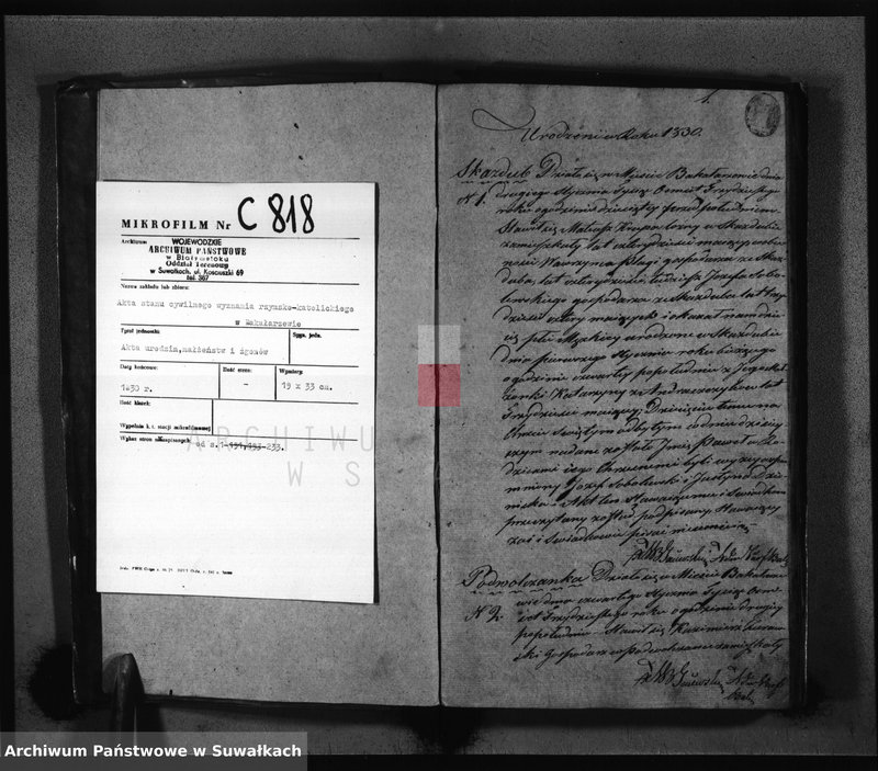 image.from.unit.number "Księga Dublikat Urzędnika Stanu Cywilnego Gminy Bakałarzewskiey pozapisywanych Urodzonych w Parafij tutejszej Umarłych i Zaślubionych Roku 1830"